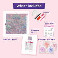 Thumbnail for Clock Tree 40x40cm diamond painting kit contents: adhesive canvas, color chart, tools and diamond bags