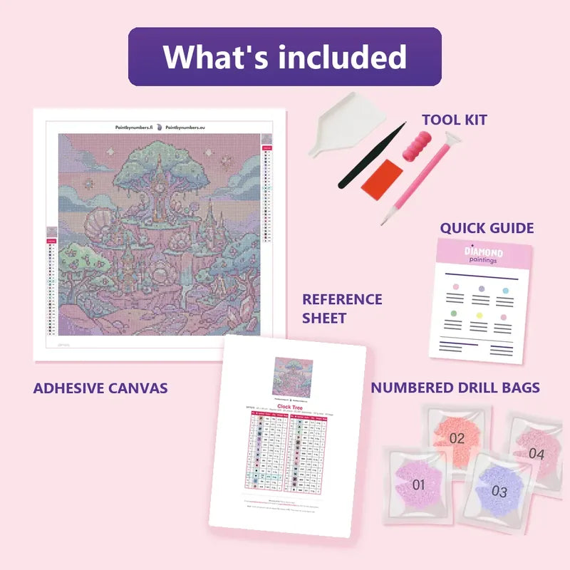 Clock Tree 40x40cm diamond painting kit contents: adhesive canvas, color chart, tools and diamond bags