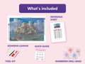 Thumbnail for Coastal Castle 60x40cm diamond painting kit contents: adhesive canvas, color chart, tools and diamond bags