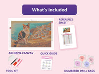 Thumbnail for Coastal Cat 60x40cm diamond painting kit contents: adhesive canvas, color chart, tools and diamond bags