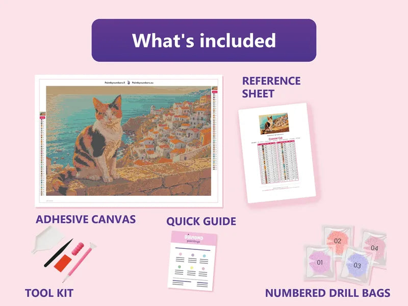 Coastal Cat 60x40cm diamond painting kit contents: adhesive canvas, color chart, tools and diamond bags
