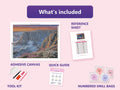 Thumbnail for Coastal Cliffs at Sunset 80x60cm diamond painting kit contents: adhesive canvas, color chart, tools and diamond bags