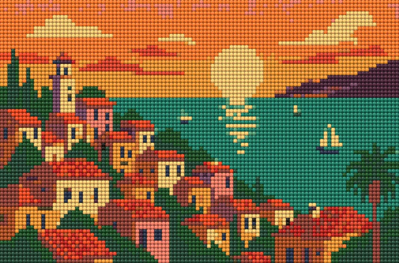 Diamond painting pattern chart - Coastal Village Sunset