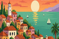 Thumbnail for Diamond Painting of a Mediterranean village at sunset, colorful houses and sea.