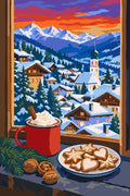 Thumbnail for Paint by numbers of a red cocoa mug and gingerbread cookies on a windowsill above a snowy alpine village at sunset