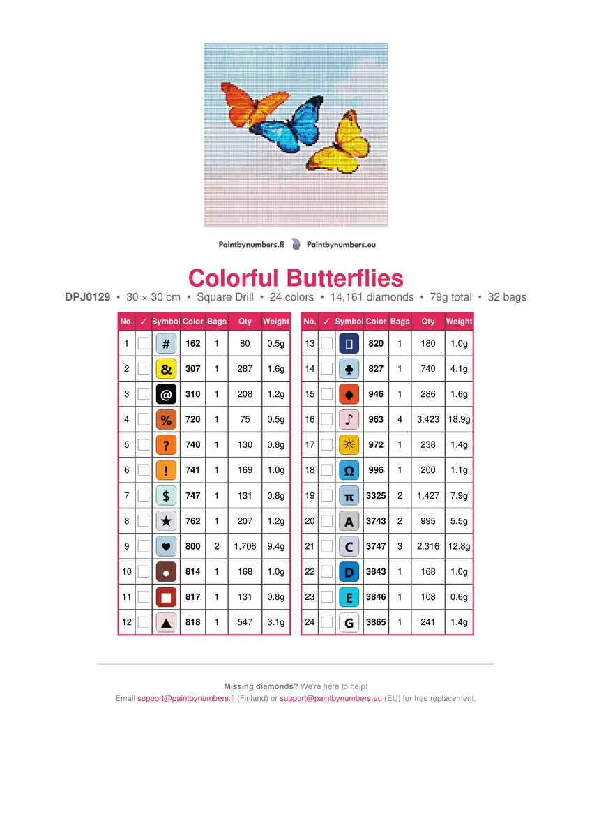 Colorful Butterflies diamond painting color chart – 24 DMC colors