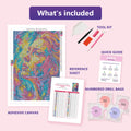 Thumbnail for What is included in the Colorful Expressive Woman Portrait diamond painting kit - adhesive canvas, reference sheet, tools and numbered drill bags