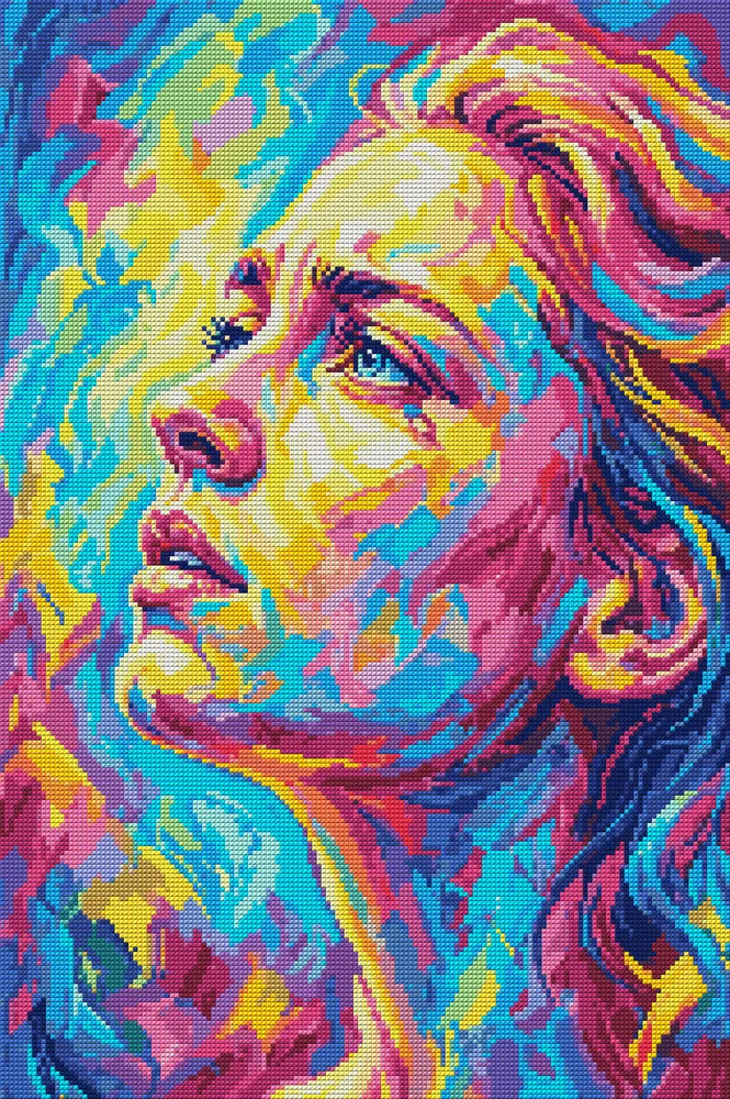 Colorful Expressive Woman Portrait, 40x60 cm diamond painting – full design preview without the close-up inset