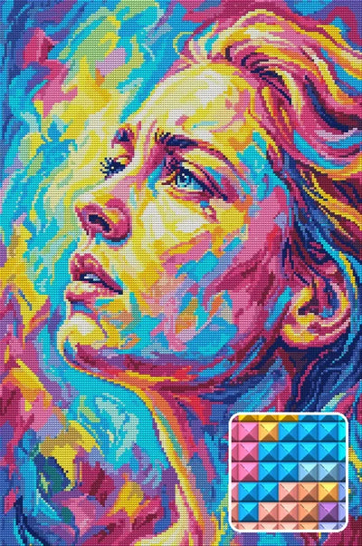 Colorful Expressive Woman Portrait, 40x60 cm diamond painting – finished design preview with a close-up of square drills