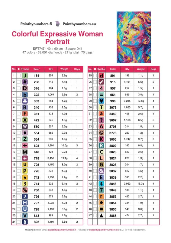 DMC color chart for Colorful Expressive Woman Portrait diamond painting - 47 colors