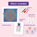 Thumbnail for Colorful Mandala 40x40cm diamond painting kit contents: adhesive canvas, color chart, tools and diamond bags