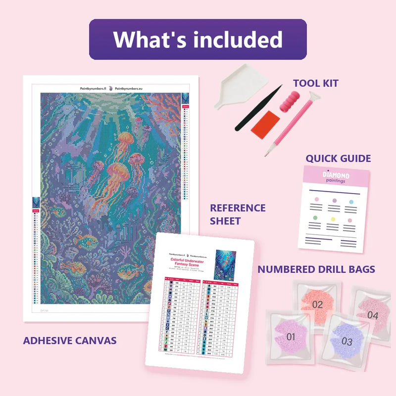 What is included in the Colorful Underwater Fantasy Scene diamond painting kit - adhesive canvas, reference sheet, tools and numbered drill bags