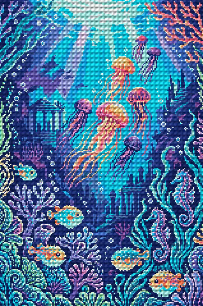 Colorful Underwater Fantasy Scene, 40x60 cm diamond painting – full design preview without the close-up inset