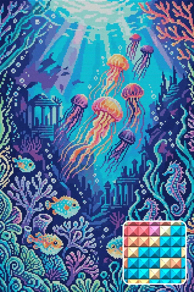Colorful Underwater Fantasy Scene, 40x60 cm diamond painting – finished design preview with a close-up of square drills