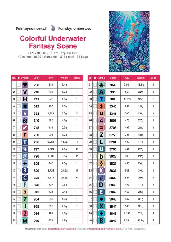 DMC color chart for Colorful Underwater Fantasy Scene diamond painting - 40 colors