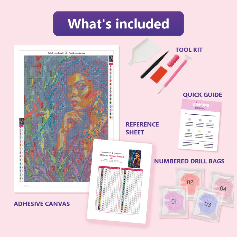 What is included in the Colorful Woman Portrait Art diamond painting kit - adhesive canvas, reference sheet, tools and numbered drill bags