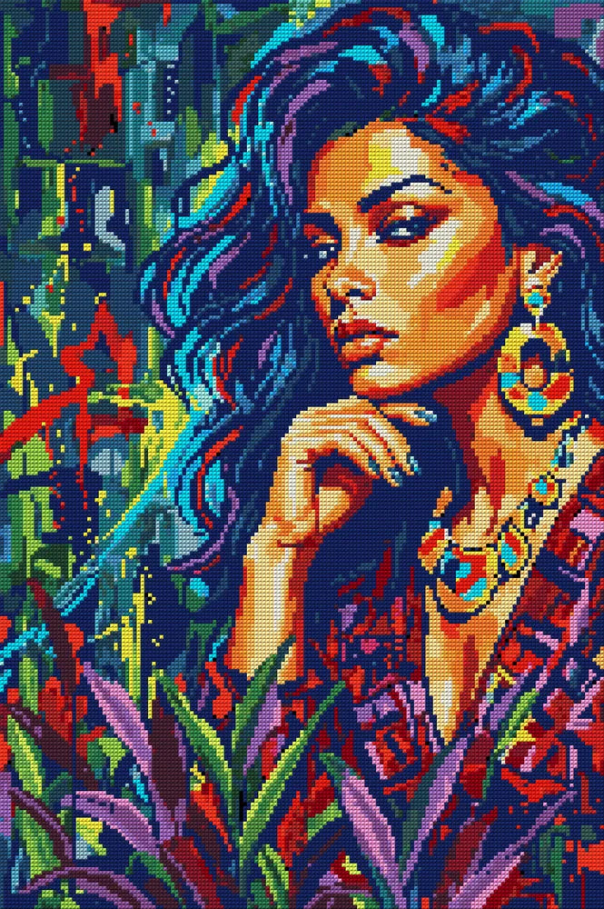 Colorful Woman Portrait Art, 40x60 cm diamond painting – full design preview without the close-up inset
