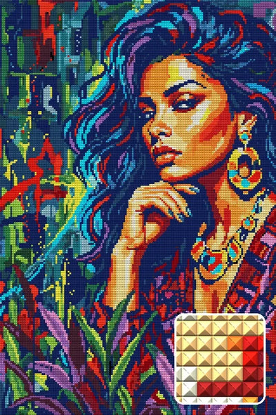 Colorful Woman Portrait Art, 40x60 cm diamond painting – finished design preview with a close-up of square drills
