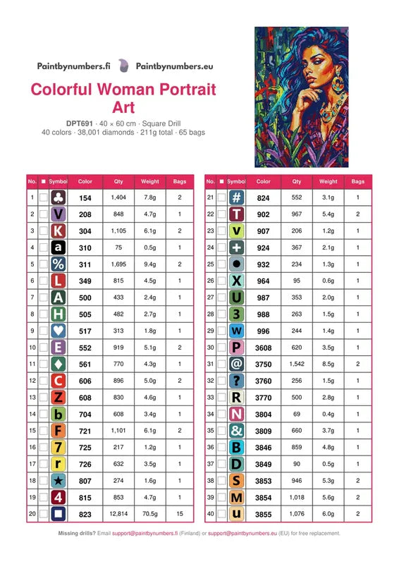 DMC color chart for Colorful Woman Portrait Art diamond painting - 40 colors