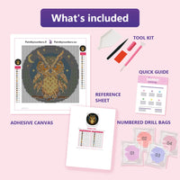 Thumbnail for What is included in the Copper Owl diamond painting kit - adhesive canvas, reference sheet, tools and numbered drill bags