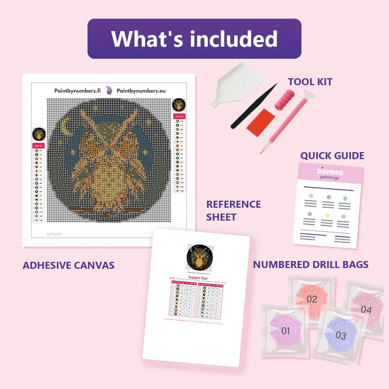 What is included in the Copper Owl diamond painting kit - adhesive canvas, reference sheet, tools and numbered drill bags
