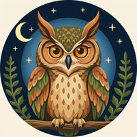Thumbnail for Diamond Painting of an owl on a night branch, with moon and stars in the background.