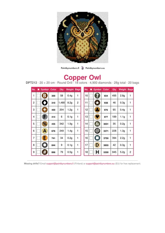 DMC color chart for Copper Owl diamond painting - 18 colors