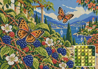 Copper Wings at the Blackberry, 70x50 cm diamond painting – finished design preview with a close-up of round drills