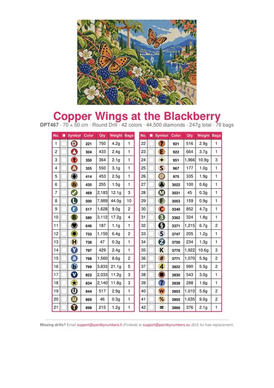DMC color chart for Copper Wings at the Blackberry diamond painting - 42 colors