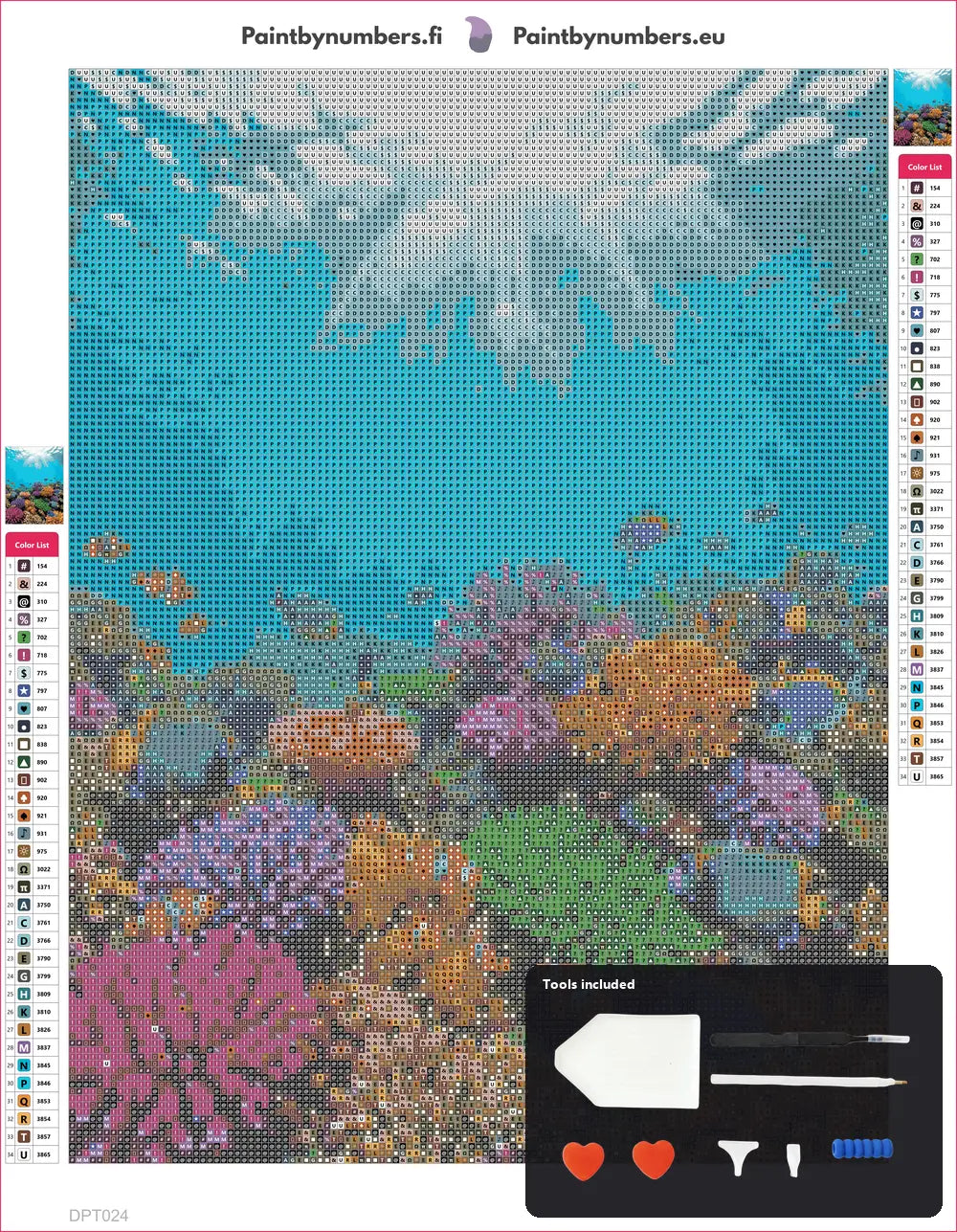 Coral Reef Life diamond painting canvas 30x40cm with included tools - diamond pen, wax, sorting tray, and tweezers