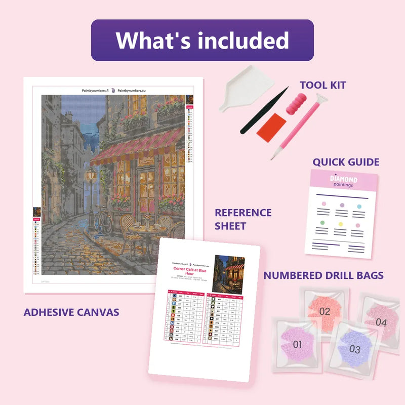 What is included in the Corner Café at Blue Hour diamond painting kit - adhesive canvas, reference sheet, tools and numbered drill bags