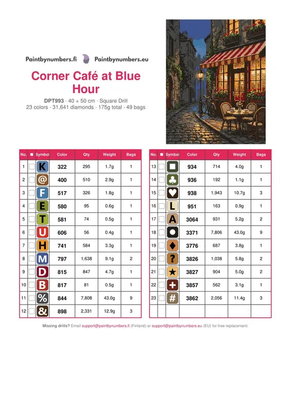 DMC color chart for Corner Café at Blue Hour diamond painting - 23 colors