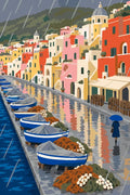 Thumbnail for Paint by numbers of rainy Corricella harbour with colourful houses, covered boats and a figure under a blue umbrella.