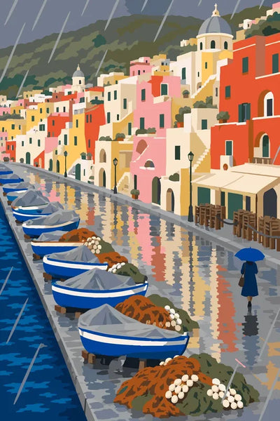 Paint by numbers of rainy Corricella harbour with colourful houses, covered boats and a figure under a blue umbrella.