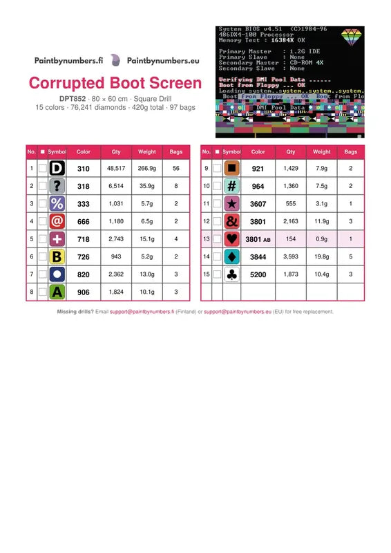 DMC color chart for Corrupted Boot Screen diamond painting - 15 colors