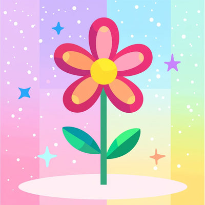 Cosmic Daisy diamond painting: cute pink flower with yellow centre on a pastel rainbow background