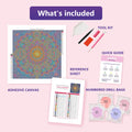 Thumbnail for What is included in the Cosmic Lotus Mandala diamond painting kit - adhesive canvas, reference sheet, tools and numbered drill bags