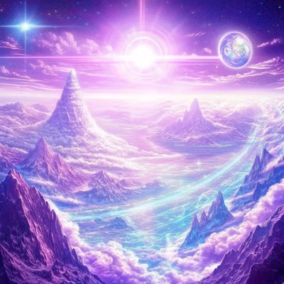 Celestial Realm diamond painting: fantasy landscape with purple mountains, glowing river, and starry sky