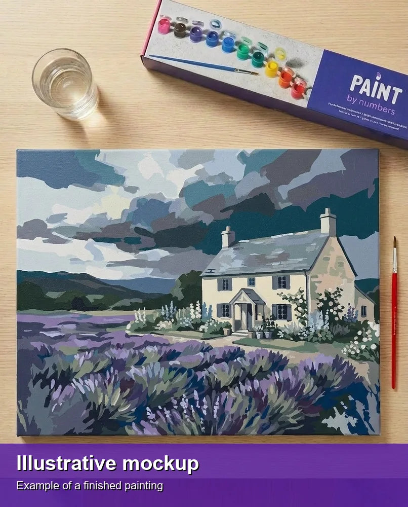 Finished paint by numbers mockup - Cottage and Lavender Field 50x40cm