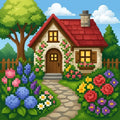 Thumbnail for Diamond Painting with a fairy-tale cottage and blooming garden in vibrant colors.