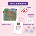 Thumbnail for Cottage Garden 20x20cm diamond painting kit contents: adhesive canvas, color chart, tools and diamond bags