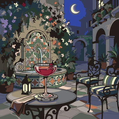 Courtyard table, fountain, and chairs paint by numbers.