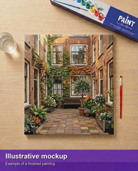 Thumbnail for Illustrative image of the finished paint by numbers - Courtyard with Bench and Plants 50x50cm