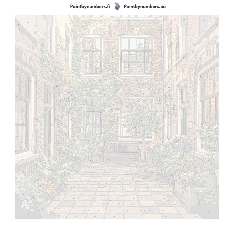 Numbered canvas - Courtyard with Bench and Plants 50x50cm