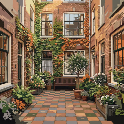 Courtyard with a bench and plants Paint By Numbers.