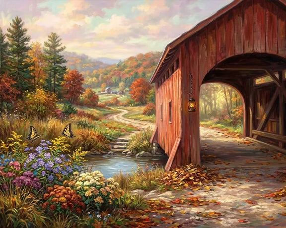 Diamond painting of an autumn landscape, an old red bridge, colorful flowers and butterflies.