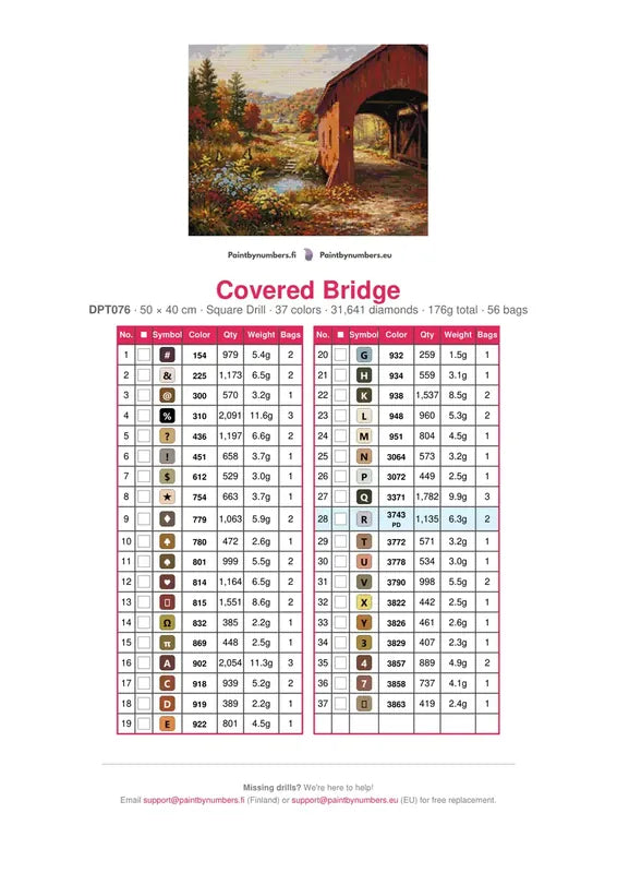 Covered Bridge diamond painting color chart – 37 DMC colors