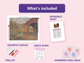 Thumbnail for Covered Bridge 50x40cm diamond painting kit contents: adhesive canvas, color chart, tools and diamond bags