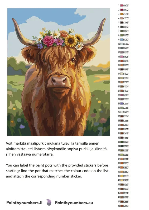 Paint color chart and instructions - Cow with Flowers 40x50cm