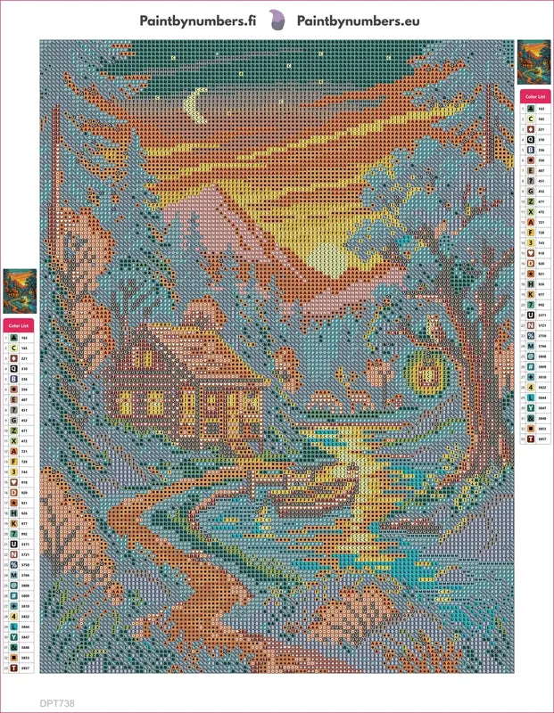 Diamond painting adhesive canvas preview - Cozy Cabin by Sunset River